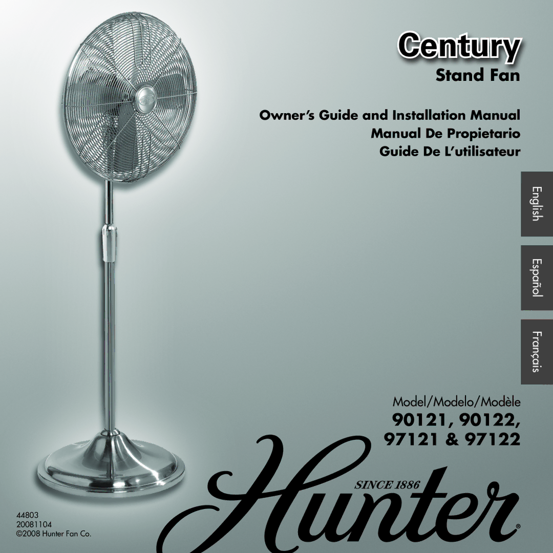 Hunter Fan 97122, 44803 installation manual Stand Fan, 90121, 90122, 97121 