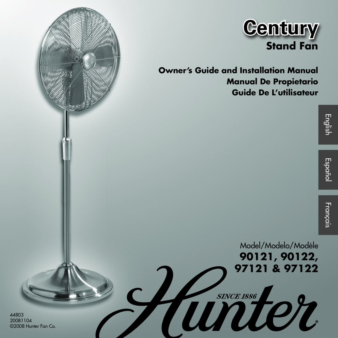 Hunter Fan 97122 installation manual Stand Fan, 90121, Century, Owner’s Guide and Installation Manual, Model/Modelo/Modèle 
