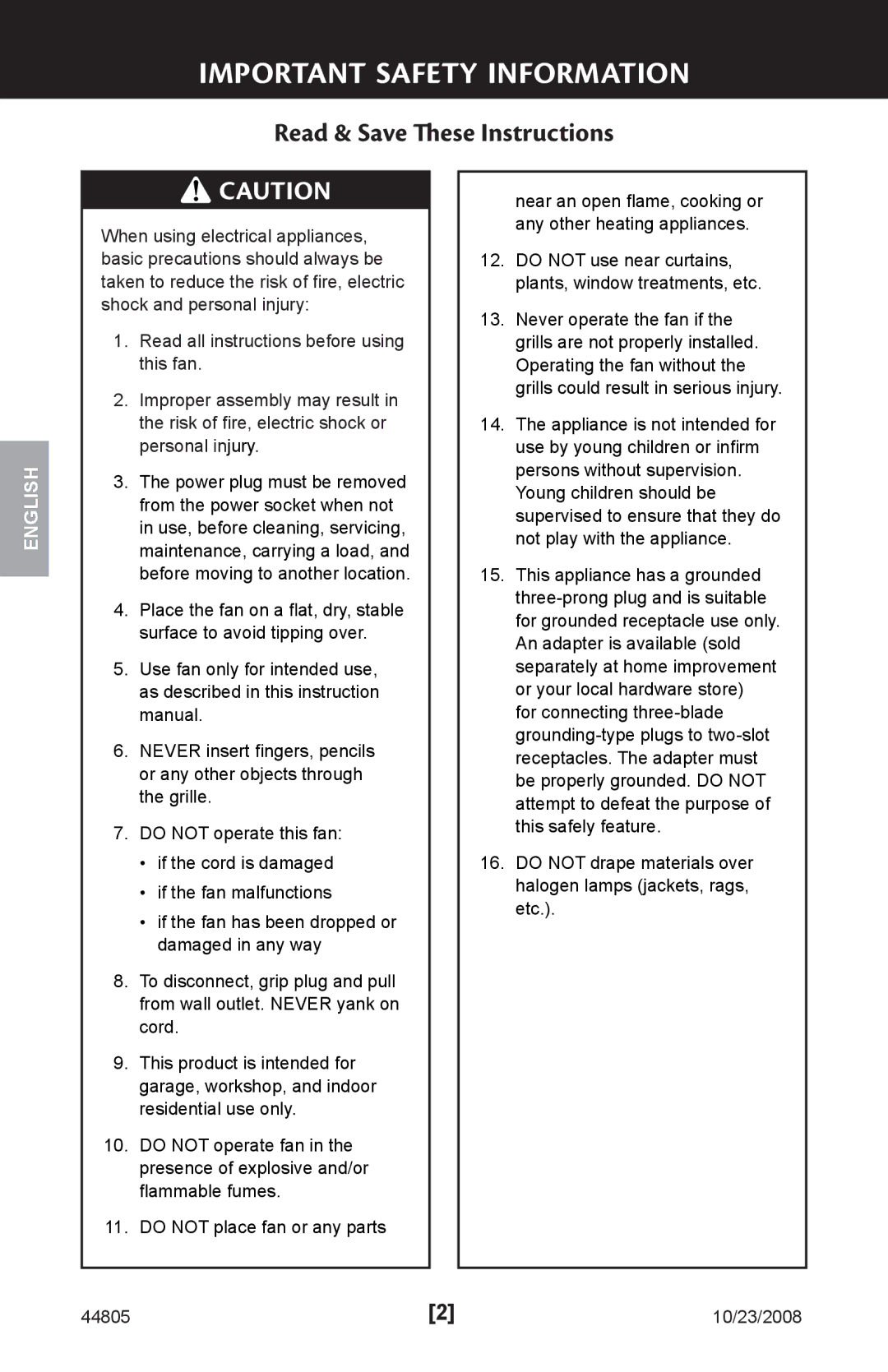 Hunter Fan 44805, 90235 installation manual Important Safety Information, Read & Save These Instructions 