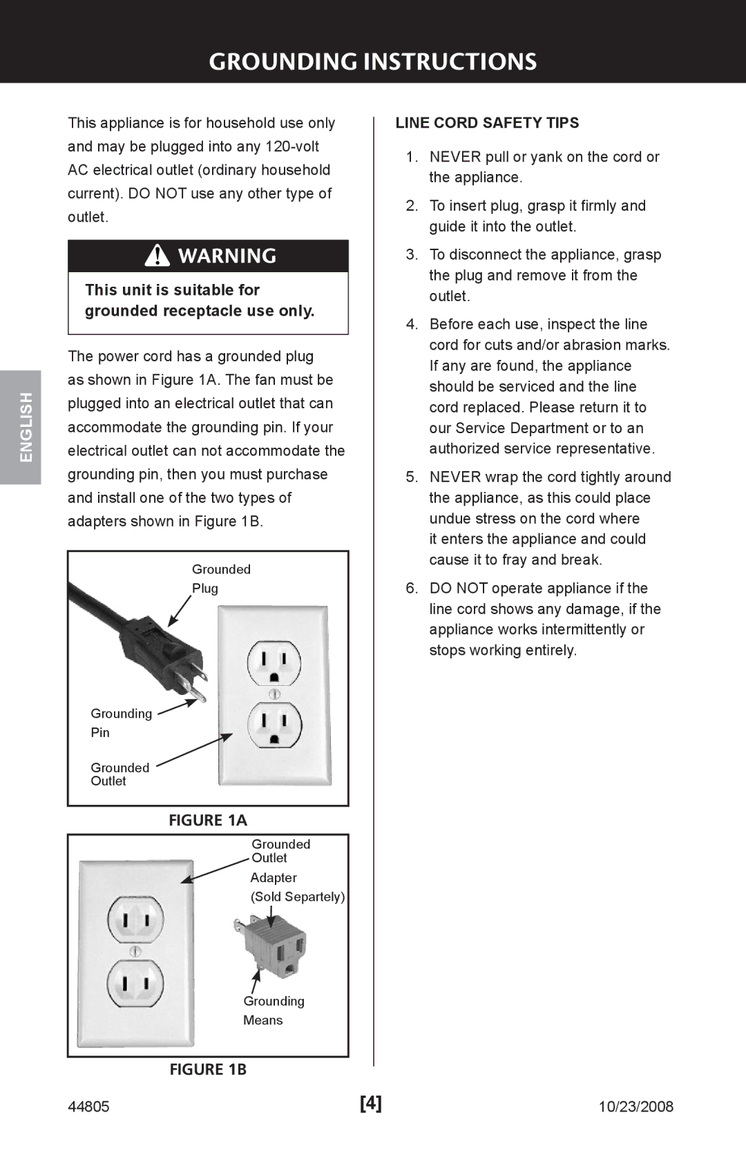 Hunter Fan 44805, 90235 installation manual Grounding Instructions, This unit is suitable for grounded receptacle use only 