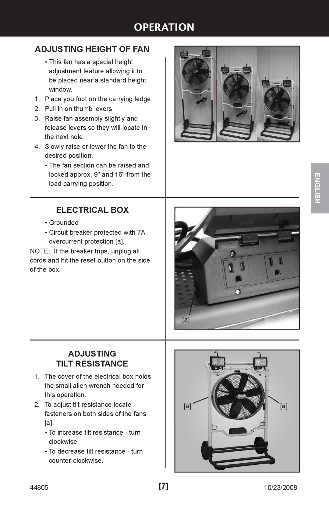 Hunter Fan 90235, 44805 installation manual Operation, Adjusting Height of FAN, Electrical BOX, Adjusting Tilt Resistance 