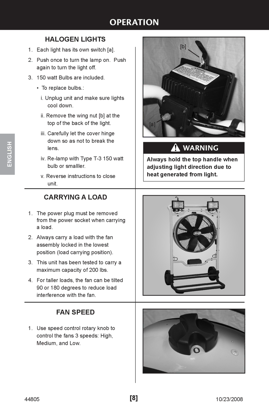 Hunter Fan 44805, 90235 installation manual Halogen Lights, Carrying a Load, FAN Speed 