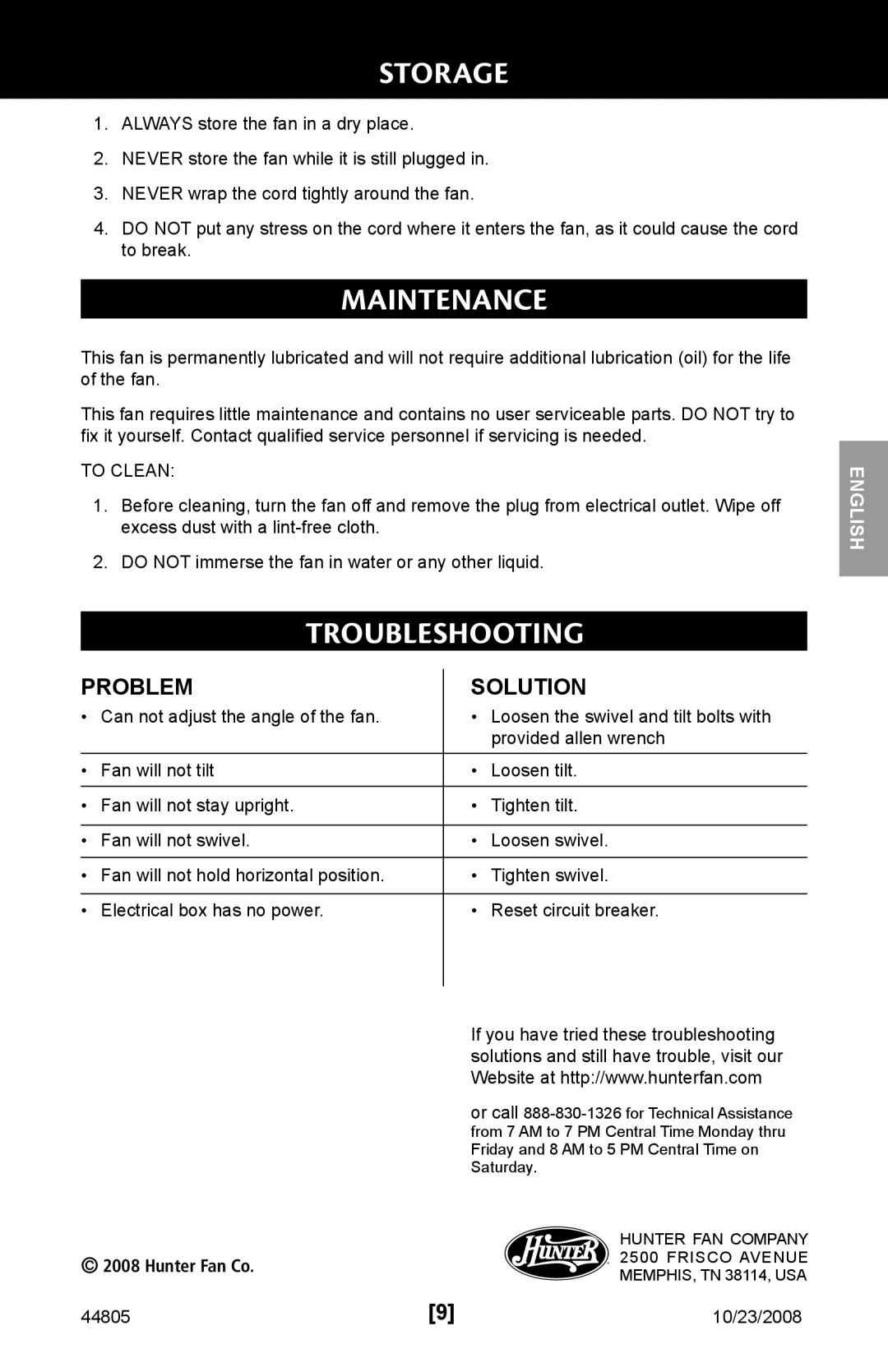 Hunter Fan 90235, 44805 installation manual Troubleshooting, Solution 