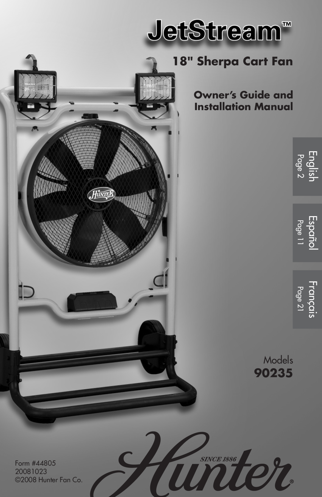 Hunter Fan 90235 installation manual Owner’s Guide and Installation Manual, Sherpa Cart Fan, English, Models, Español 