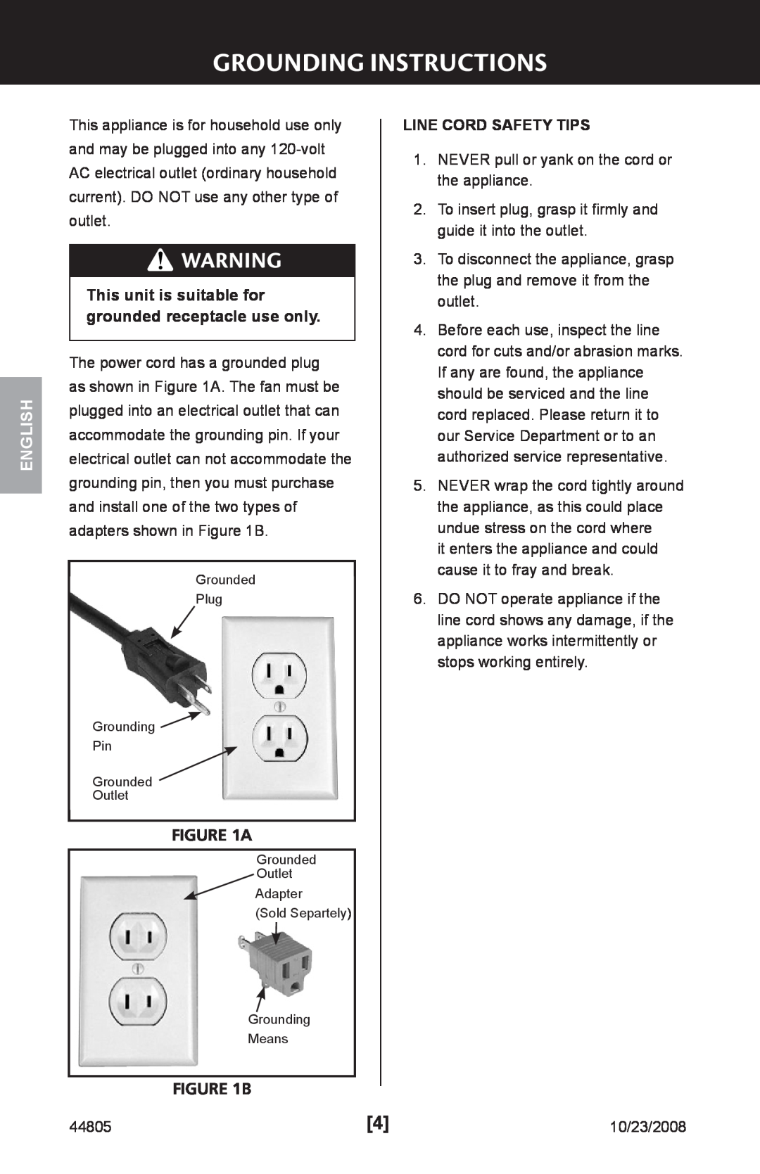 Hunter Fan 44805, 90235 installation manual Grounding Instructions, A, B, Line Cord Safety Tips, English 