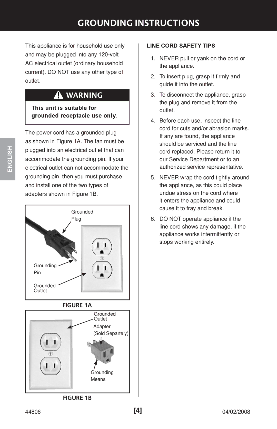 Hunter Fan 44806, 90245 manual Grounding Instructions, This unit is suitable for grounded receptacle use only 