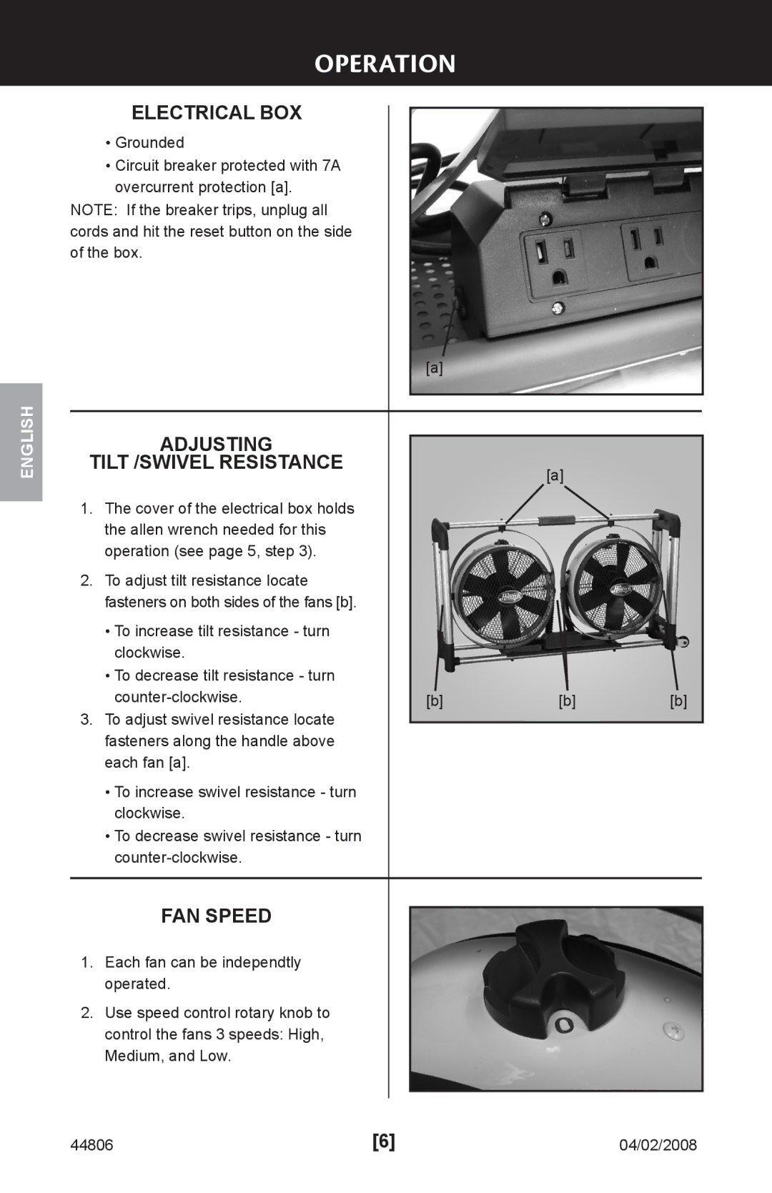 Hunter Fan 44806, 90245 manual Operation, Electrical BOX, Adjusting Tilt /SWIVEL Resistance, FAN Speed 