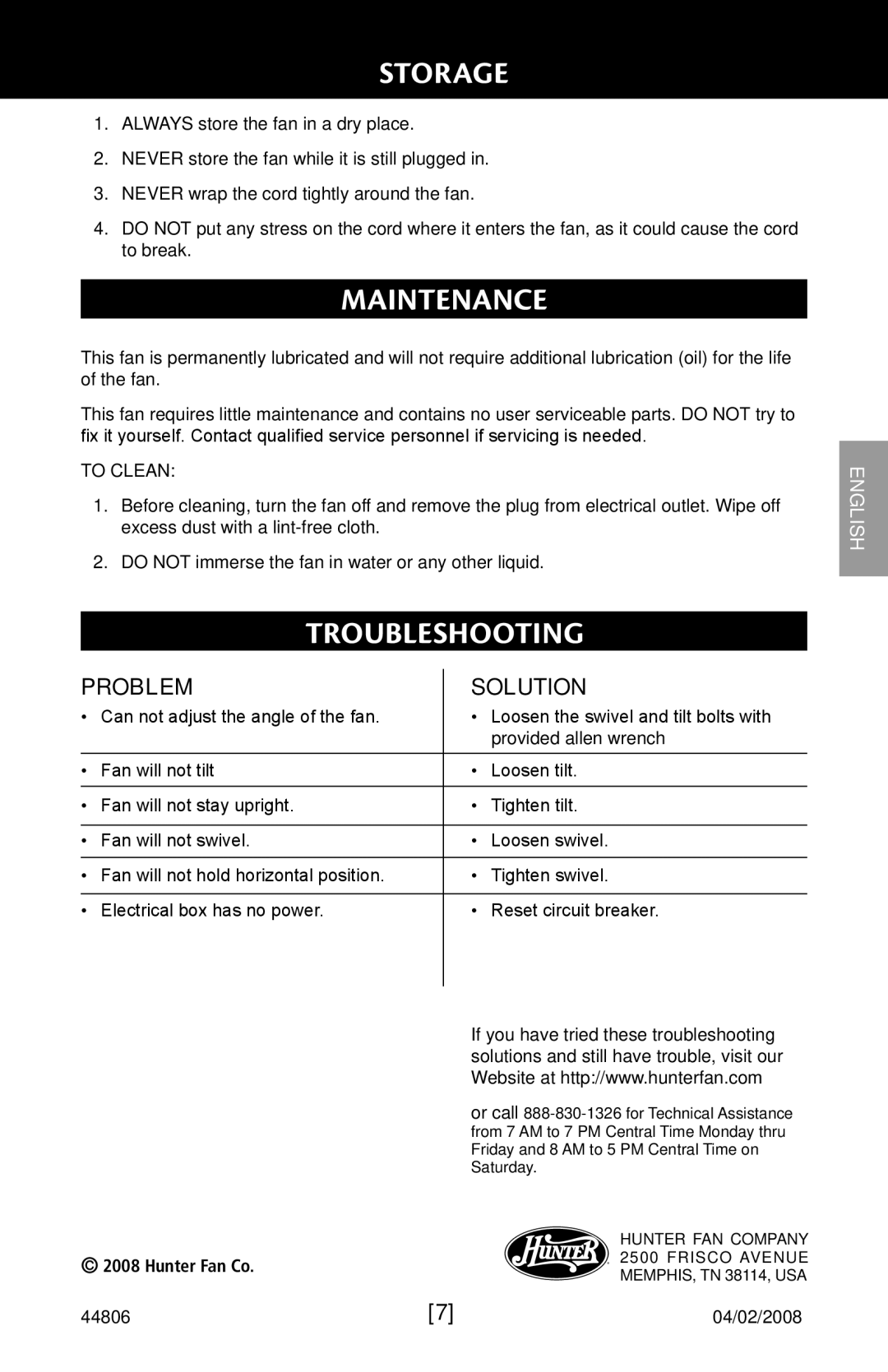 Hunter Fan 90245, 44806 manual Troubleshooting, Solution 