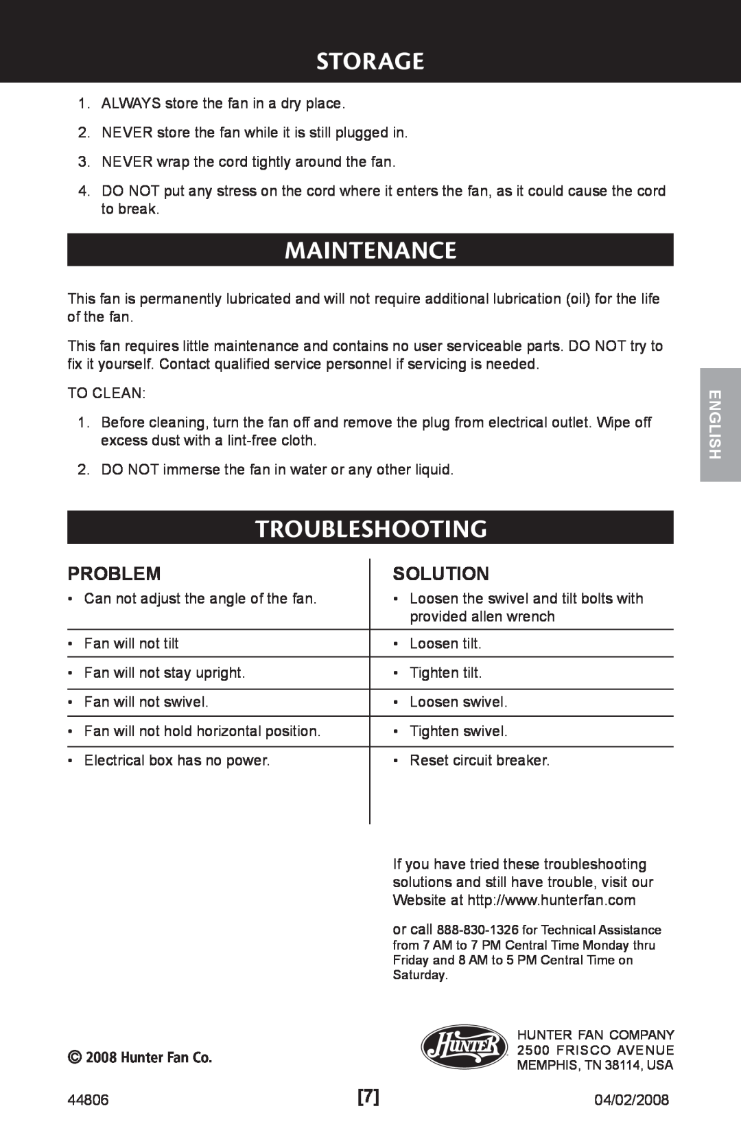 Hunter Fan 90245, 44806 manual Storage, Maintenance, Troubleshooting, Problem, Solution, Hunter Fan Co, English 