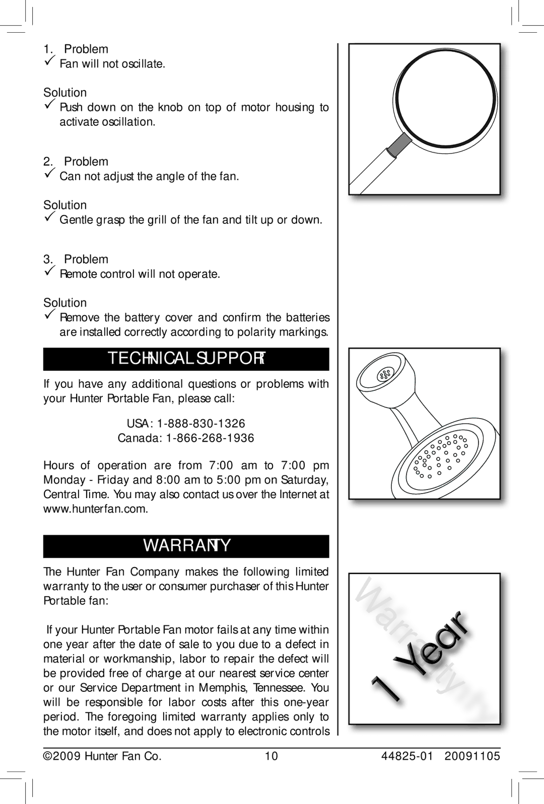 Hunter Fan 90390, 44825-01, 20091105 owner manual Technical Support, Warranty 