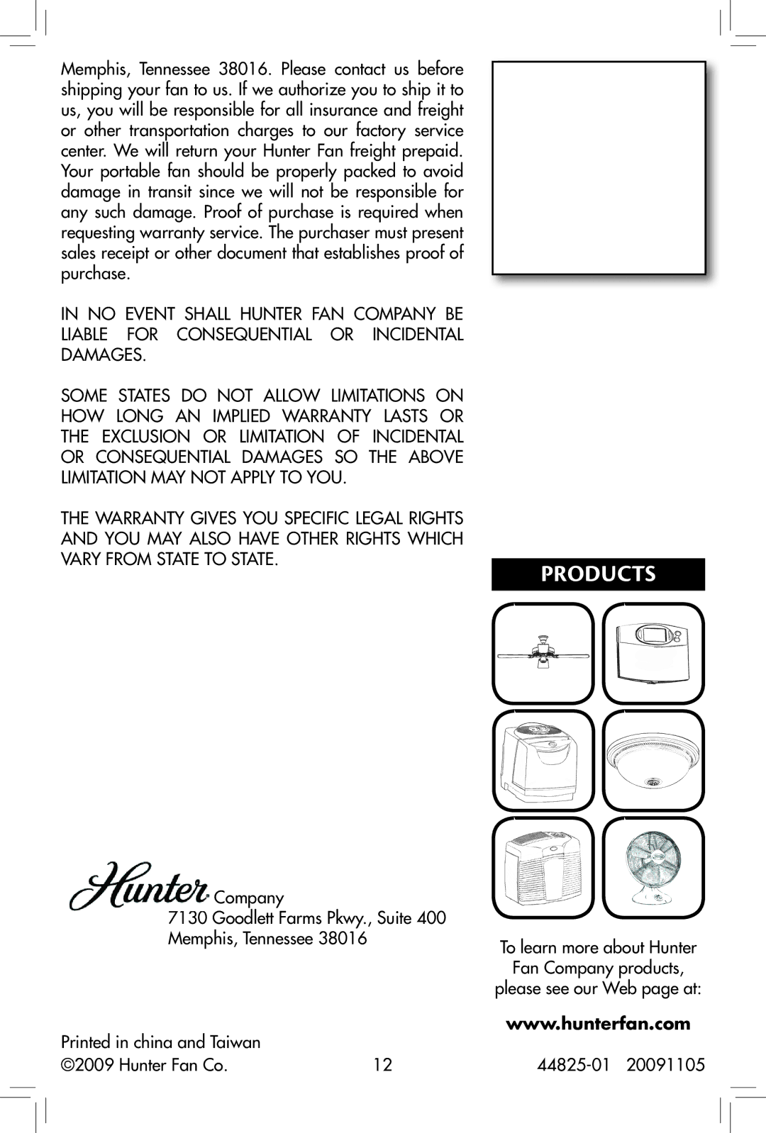 Hunter Fan 44825-01, 90390, 20091105 owner manual Products 