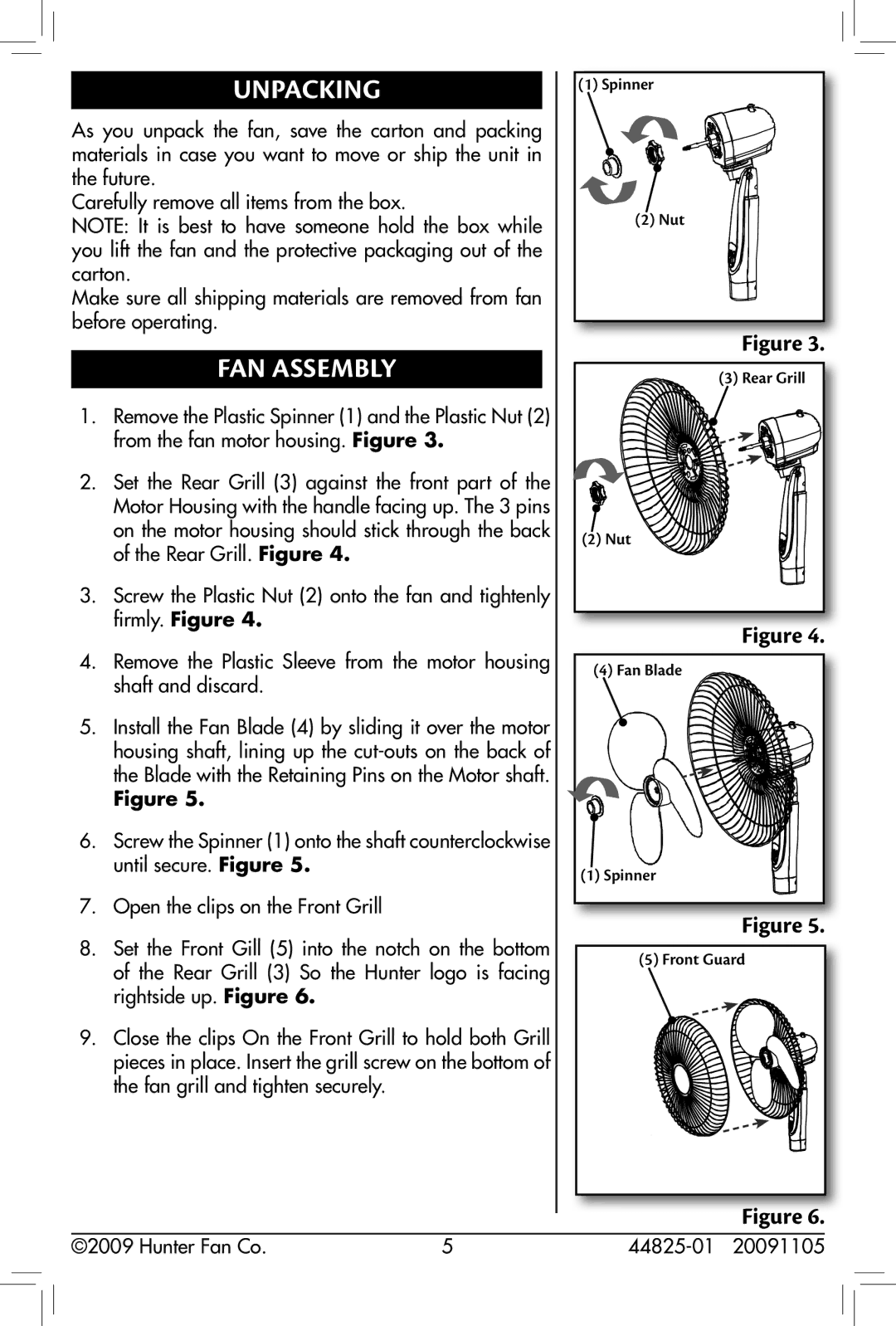 Hunter Fan 20091105, 44825-01, 90390 owner manual Unpacking, Fan Assembly 