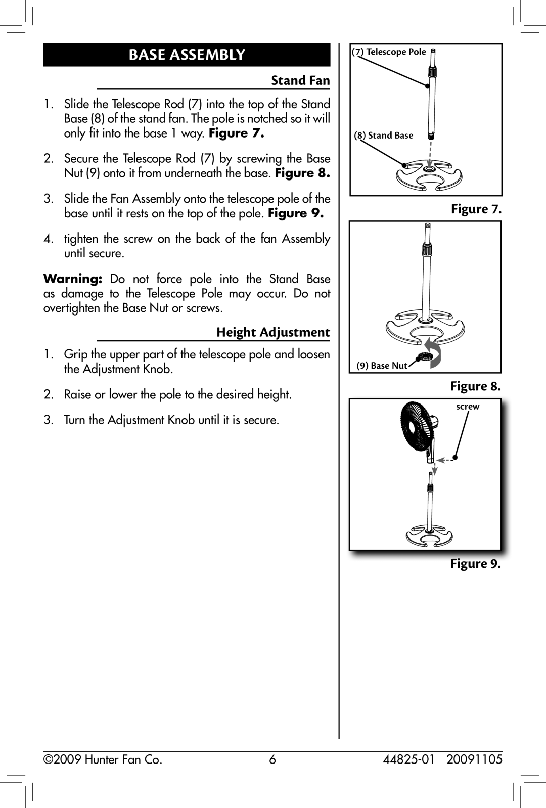 Hunter Fan 44825-01, 90390, 20091105 owner manual Base Assembly, Stand Fan 