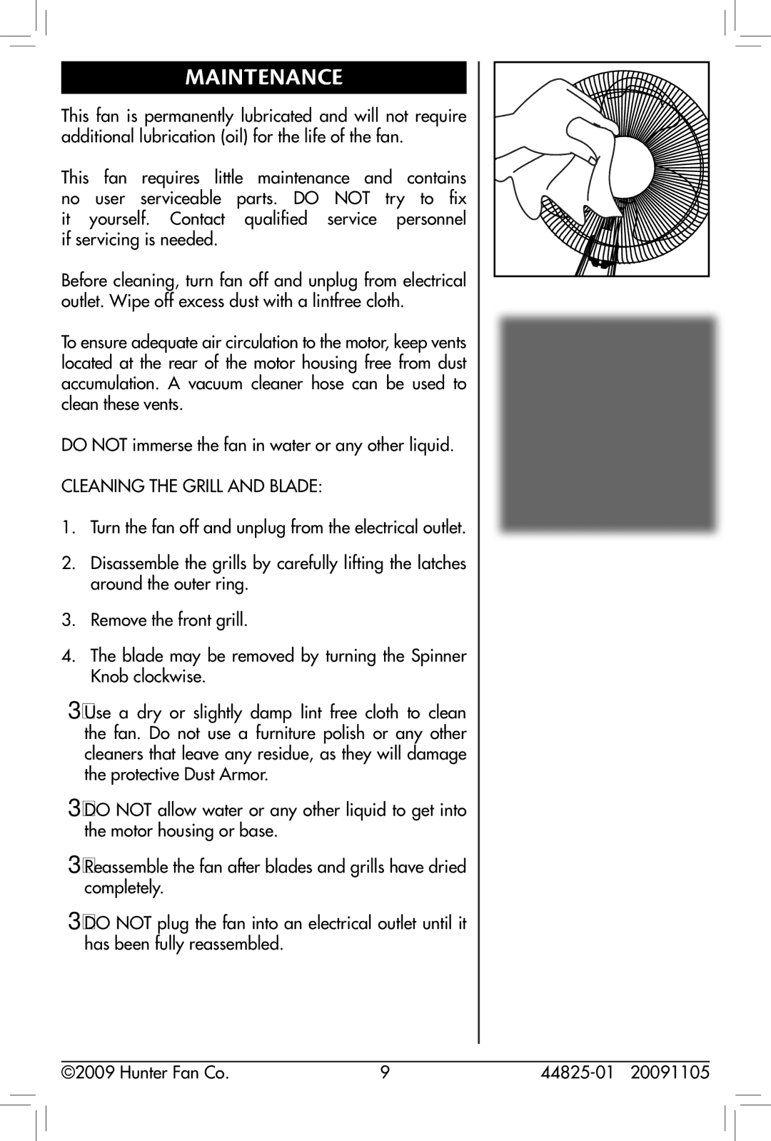 Hunter Fan 44825-01, 90390, 20091105 owner manual Maintenance, Cleaning the Grill and Blade 