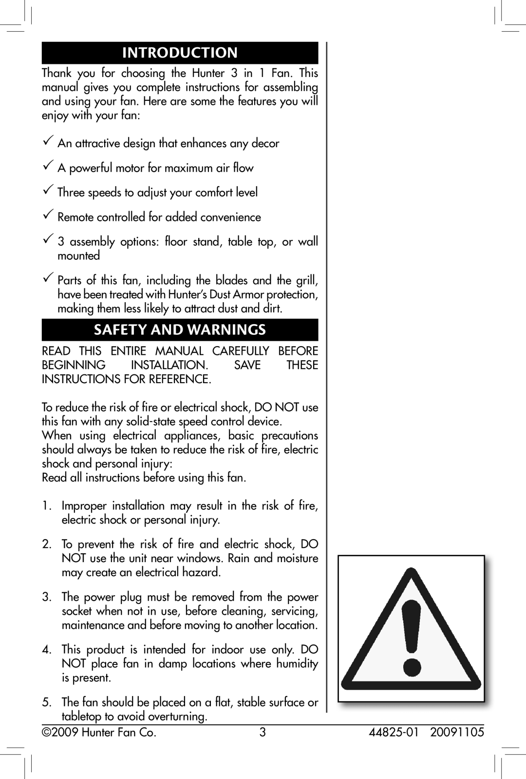 Hunter Fan 44825-01, 90390, 20091105 owner manual Introduction, Safety and Warnings 