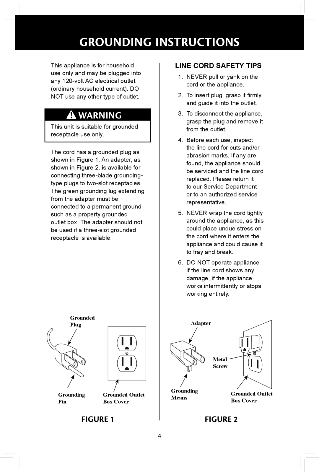 Hunter Fan 90400, 44826-01, 90406 manual Grounding Instructions, Line Cord Safety Tips 