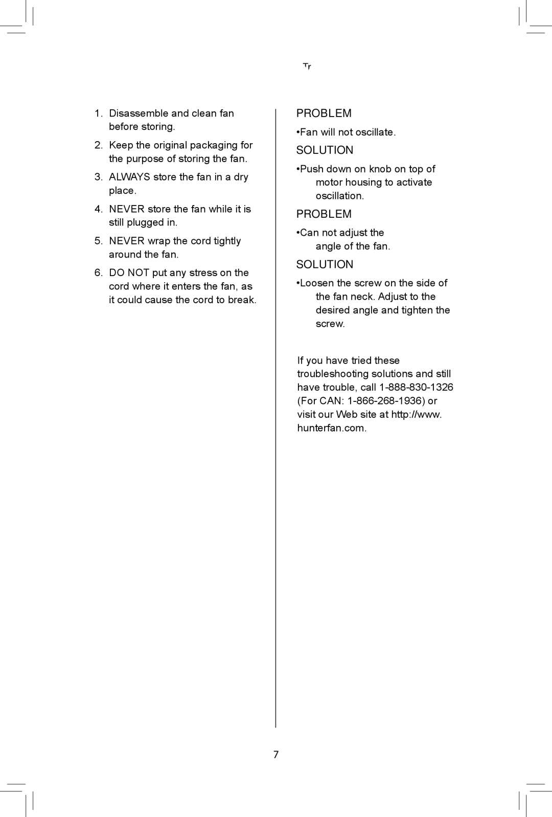 Hunter Fan 90400, 44826-01, 90406 manual Storage, TroubleshootingTr 