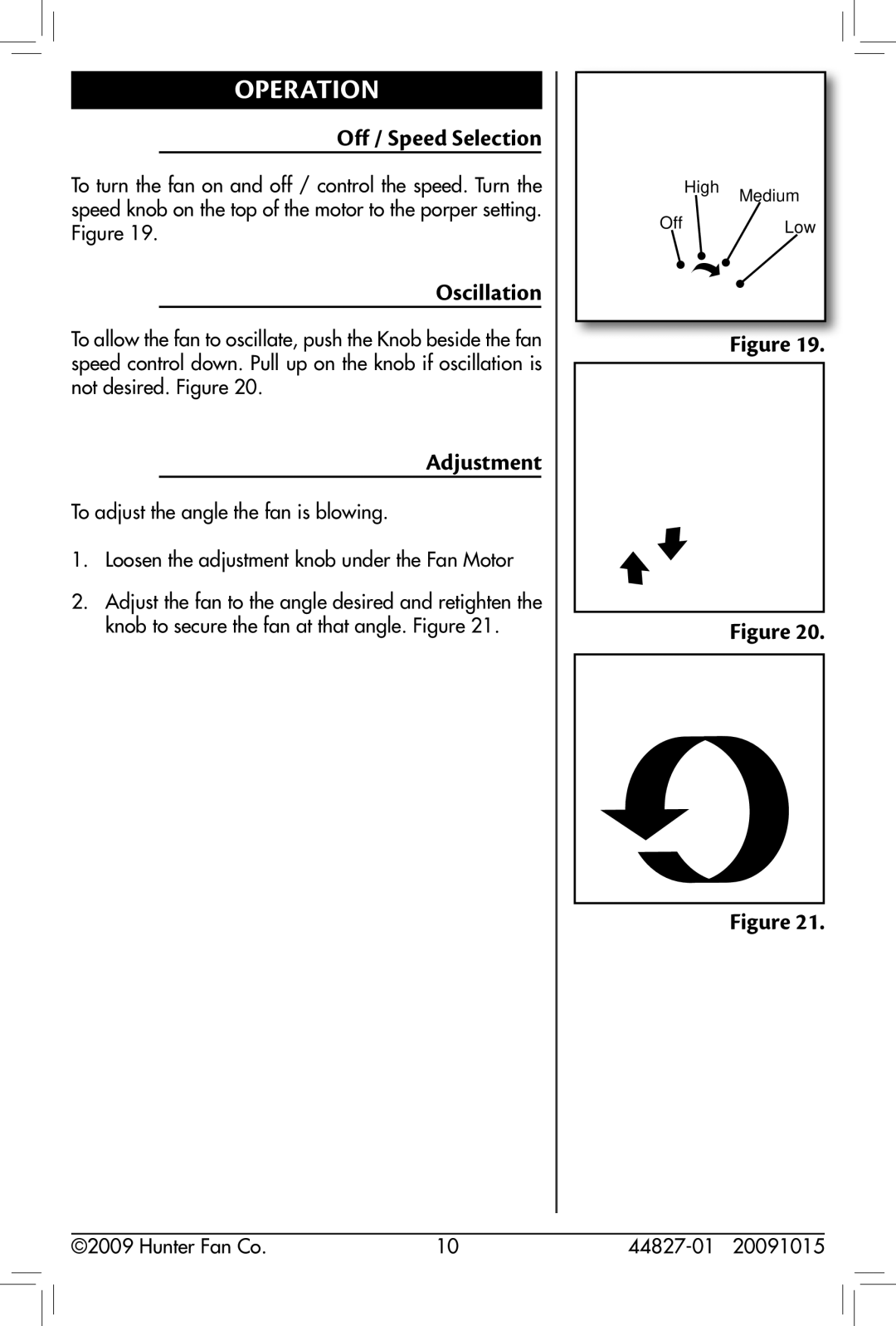 Hunter Fan 90405, 44827-01, 20091015 owner manual Operation, Off / Speed Selection 