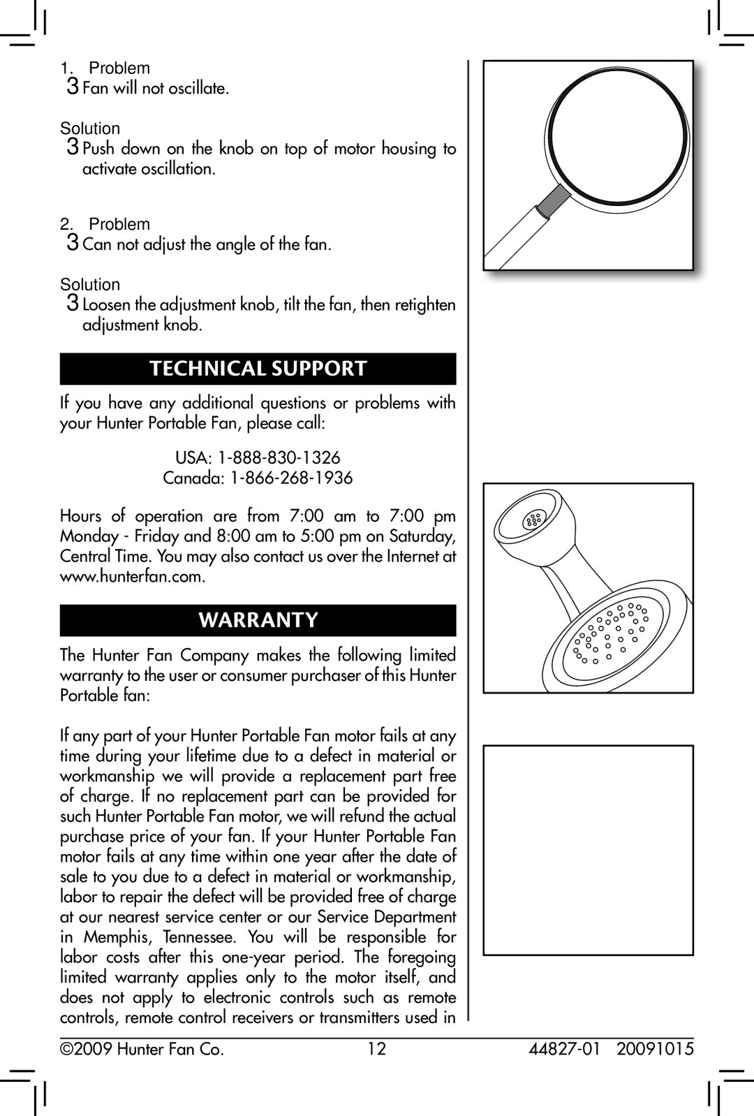 Hunter Fan 44827-01, 90405, 20091015 owner manual Technical Support, Warranty 