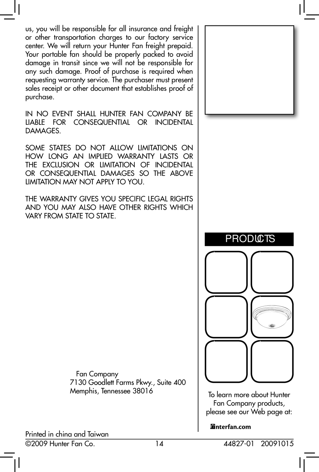 Hunter Fan 20091015, 44827-01, 90405 owner manual Products 