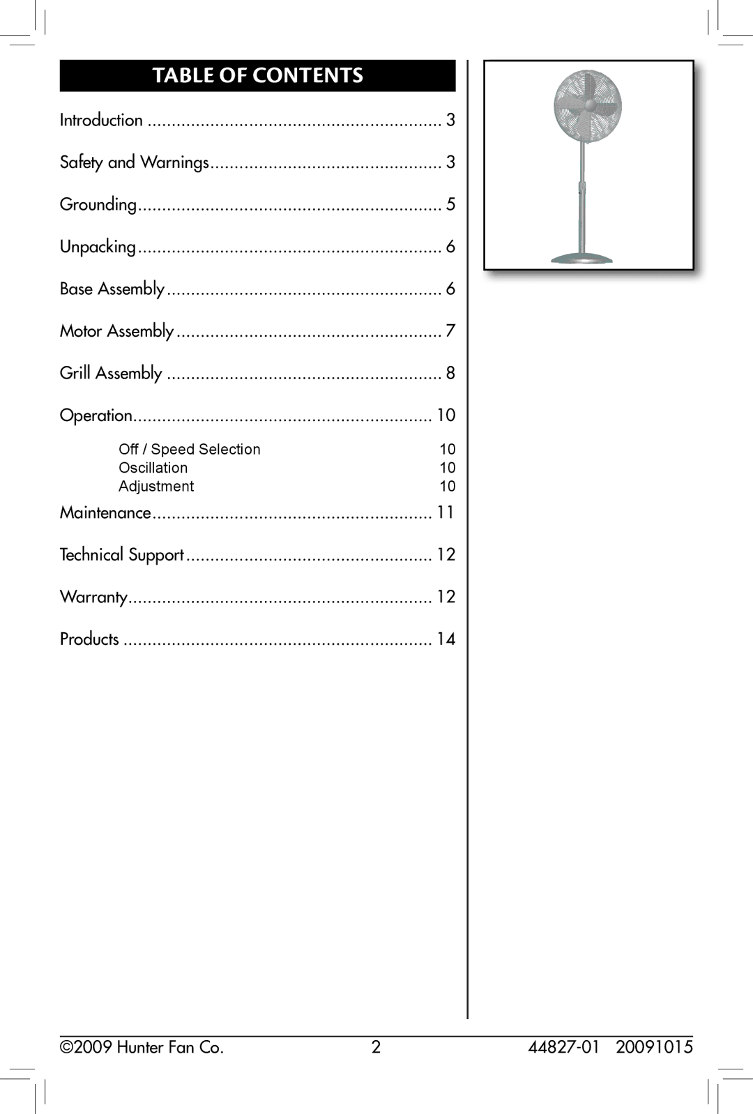 Hunter Fan 20091015, 44827-01, 90405 owner manual Table of Contents 