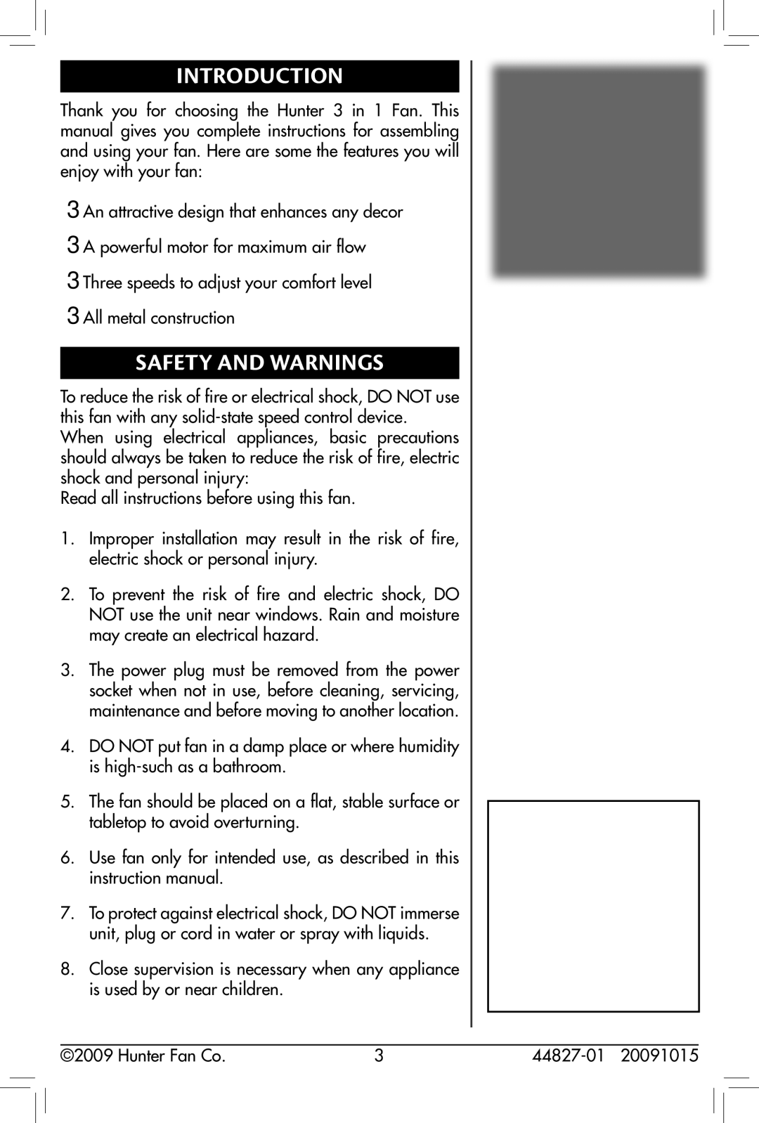 Hunter Fan 44827-01, 90405, 20091015 owner manual Introduction, Safety and Warnings 