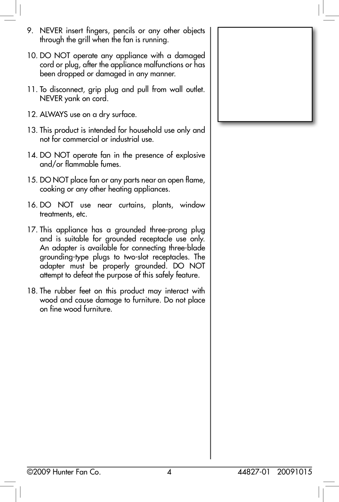 Hunter Fan 90405, 44827-01, 20091015 owner manual 