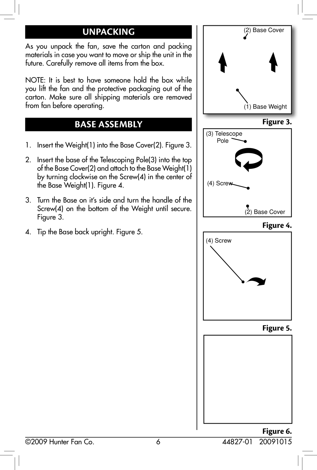 Hunter Fan 44827-01, 90405, 20091015 owner manual Unpacking, Base Assembly 