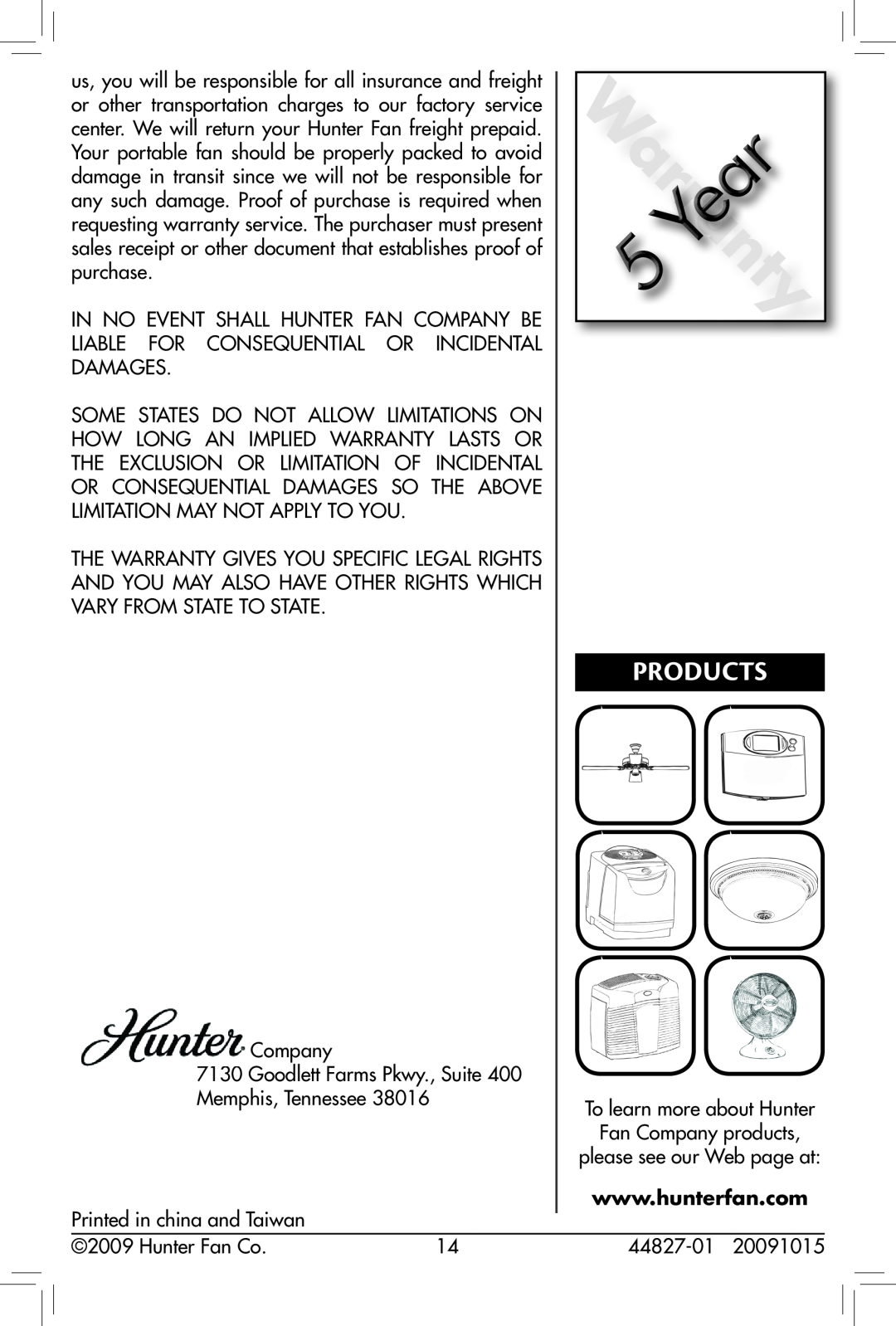 Hunter Fan 20091015, 44827-01, 90405 owner manual Products 