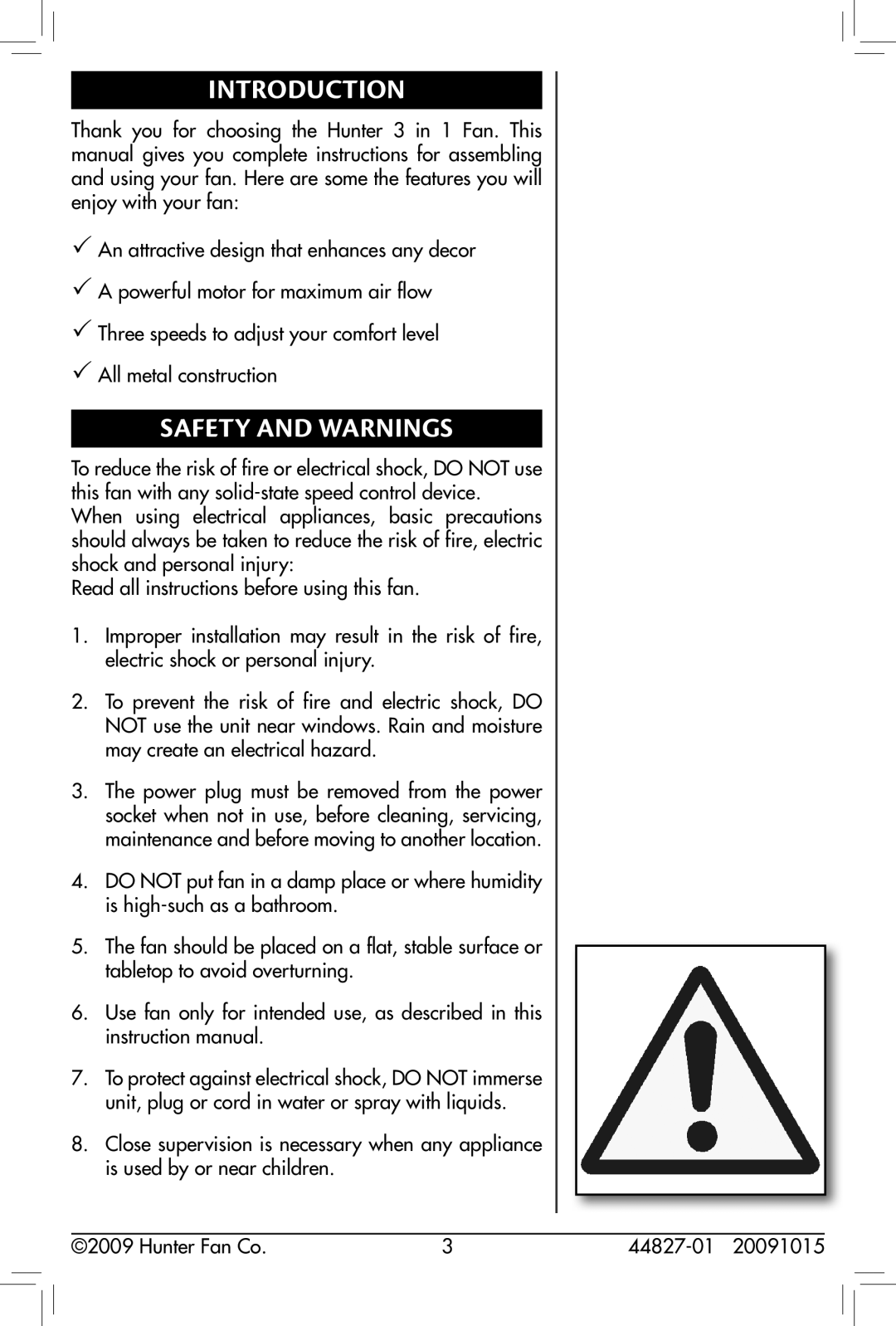 Hunter Fan 44827-01, 90405, 20091015 owner manual Introduction, Safety and Warnings 