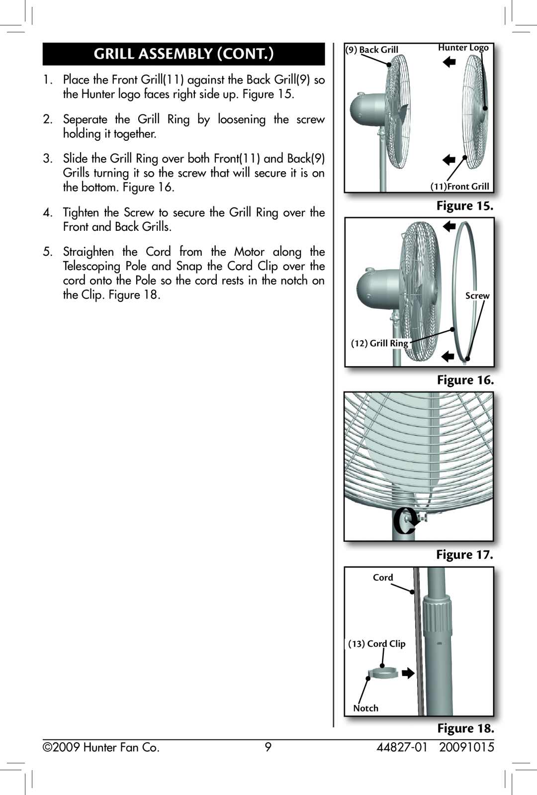 Hunter Fan 44827-01, 90405, 20091015 owner manual Grill Assembly Cont, Figure Figure 