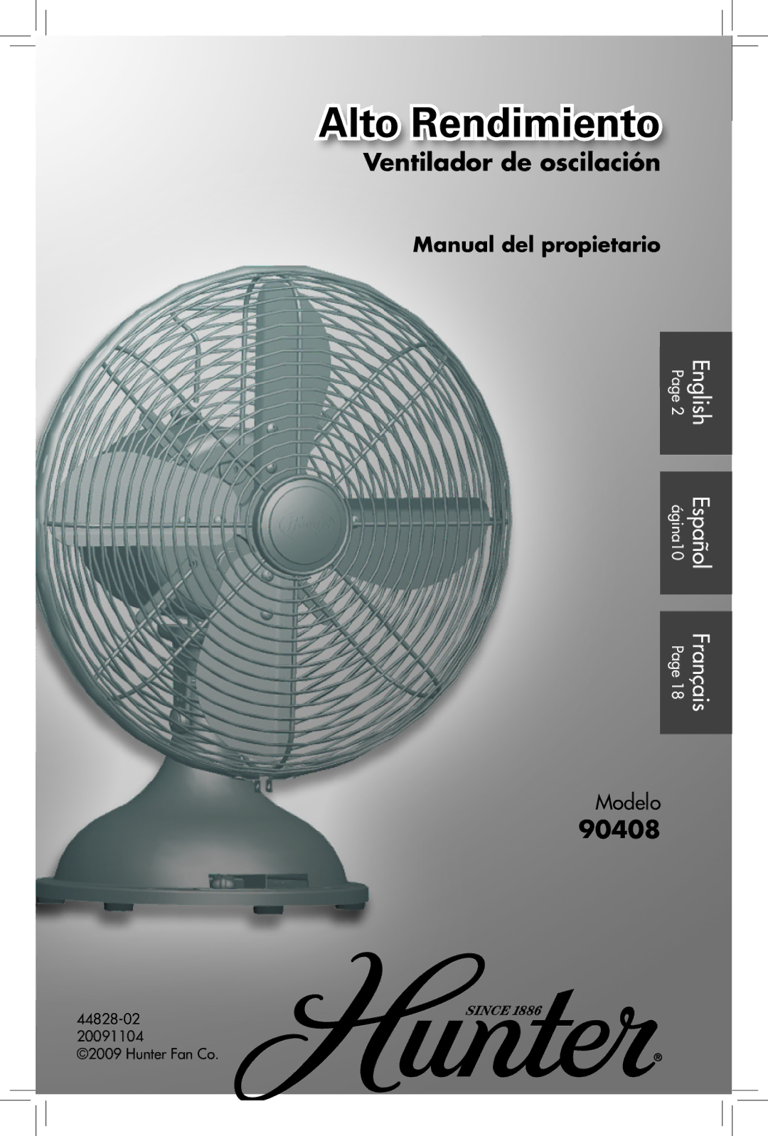 Hunter Fan 90408, 44828-01, 20091104 manual Alto Rendimiento 