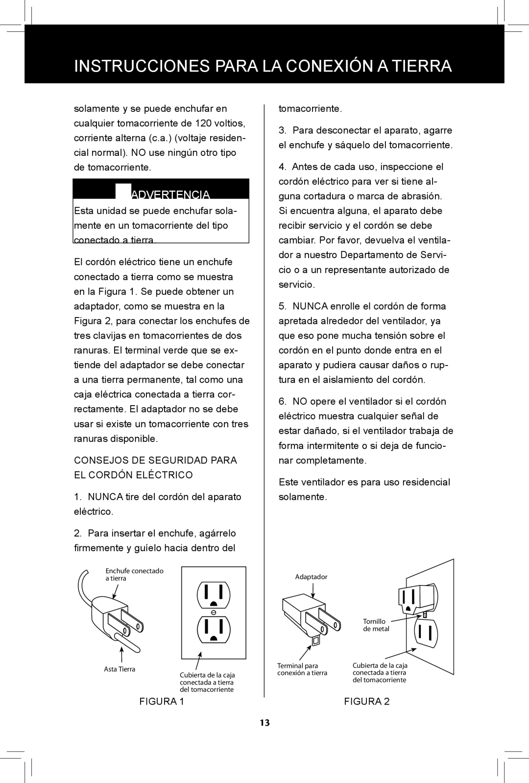 Hunter Fan 90408, 44828-01, 20091104 manual Instrucciones Para LA Conexión a Tierra, Advertencia 