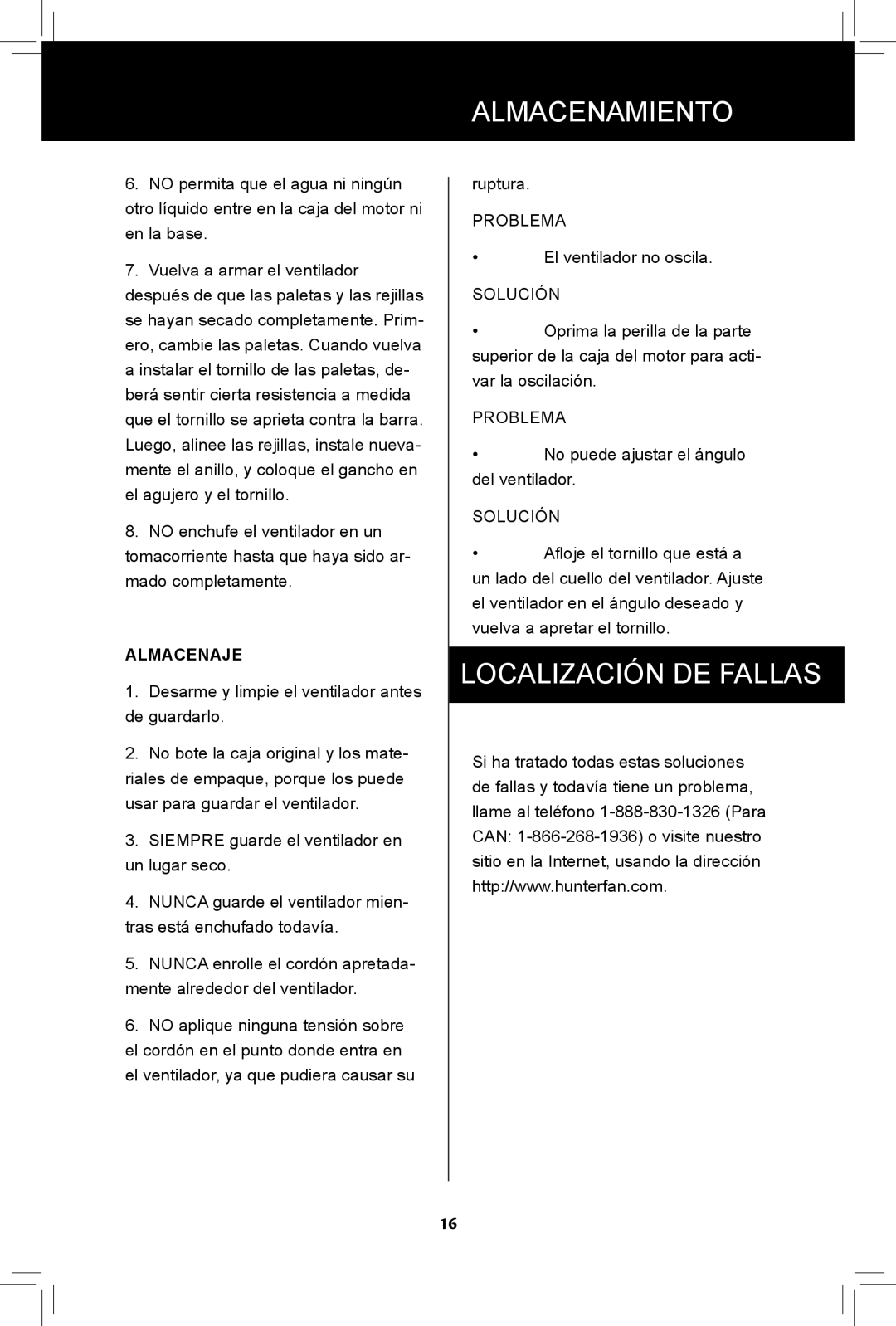 Hunter Fan 90408, 44828-01, 20091104 manual Almacenamiento, Localización DE Fallas 