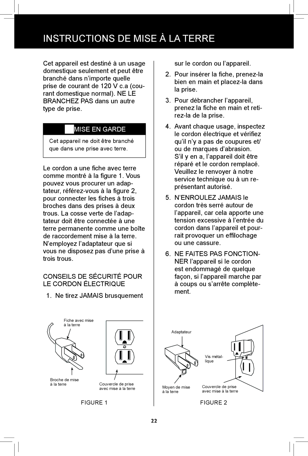 Hunter Fan 90408, 44828-01, 20091104 manual Instructions DE Mise À LA Terre, Conseils DE Sécurité Pour LE Cordon Électrique 