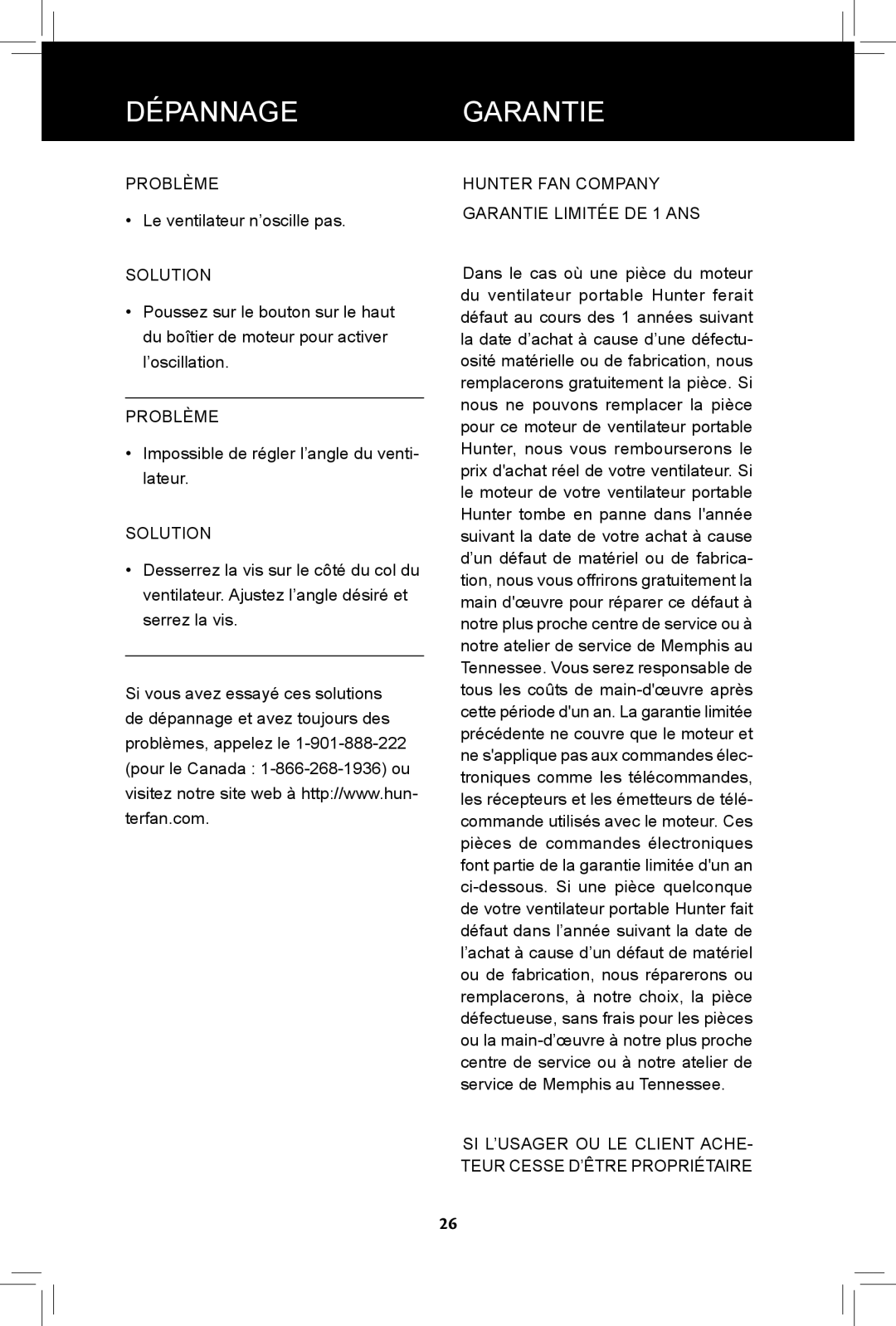 Hunter Fan 20091104, 44828-01, 90408 manual Dépannagegarantie, Hunter FAN Company Garantie Limitée DE 1 ANS 