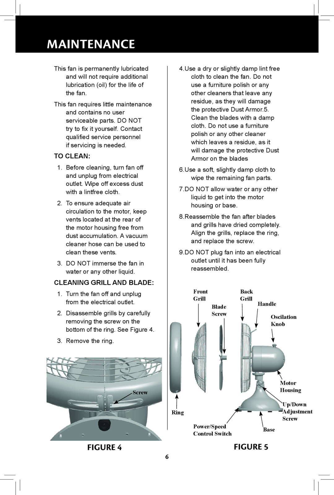 Hunter Fan 44828-01, 90408, 20091104 manual Maintenance, To Clean 