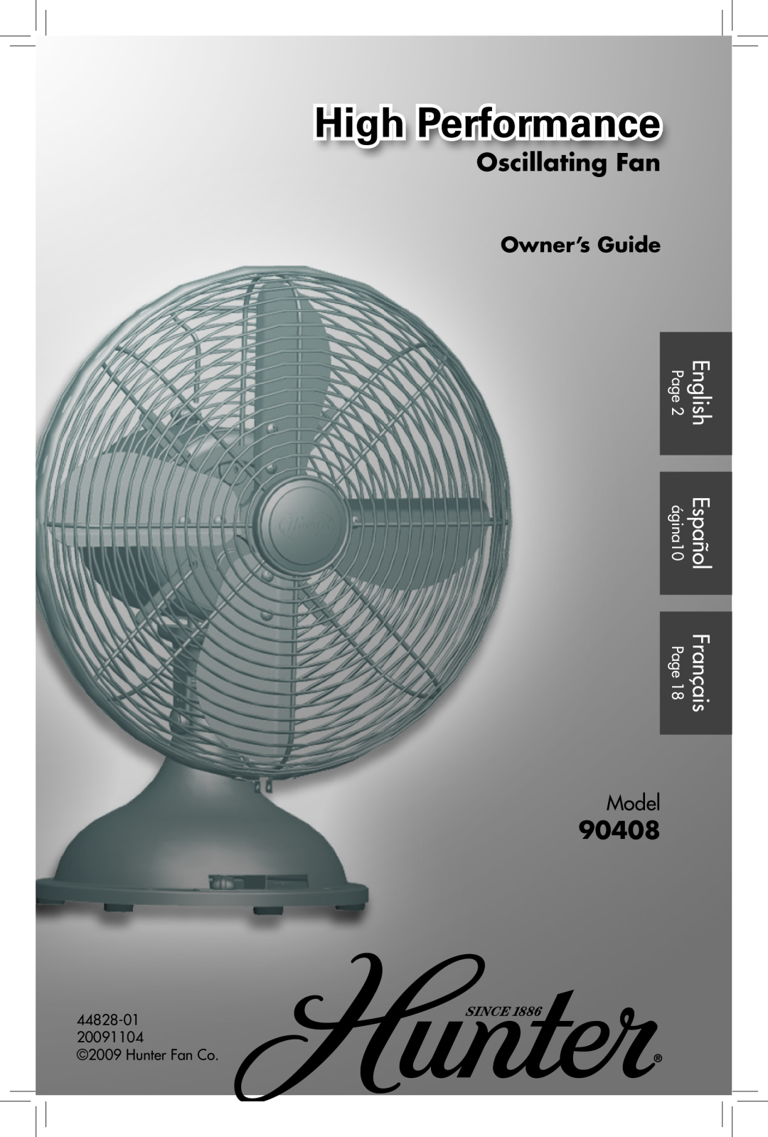 Hunter Fan 90408 manual Oscillating Fan, Owner’s Guide, Model, High Performance, Page 2ágina10, Français, English olñ Espa 