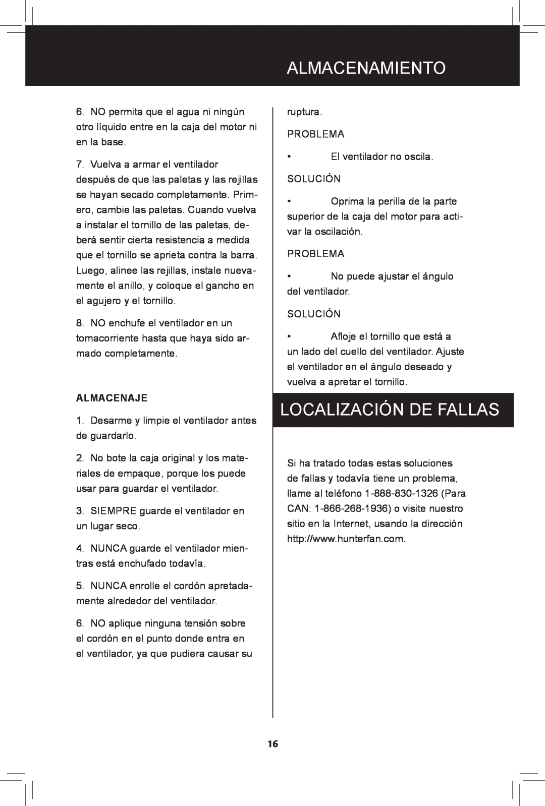 Hunter Fan 90408, 44828-01, 20091104 manual Almacenamiento, Localización De Fallas, almacenaje 