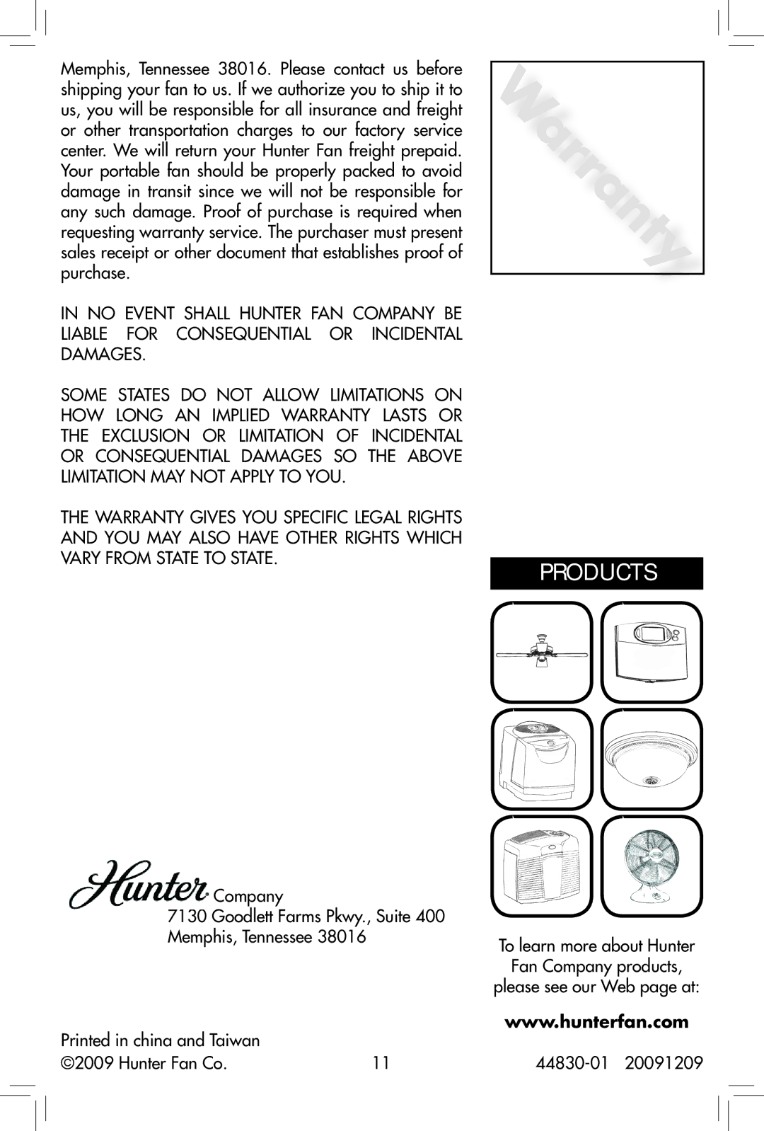 Hunter Fan 20091209, 44830-01, 90391 owner manual Products 