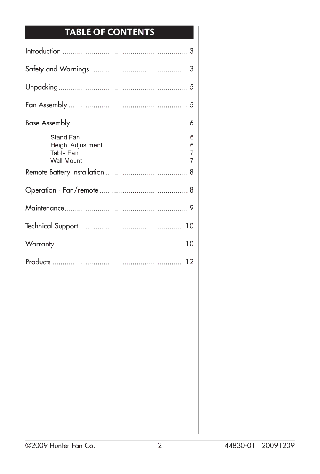 Hunter Fan 20091209, 44830-01, 90391 owner manual Table of Contents 