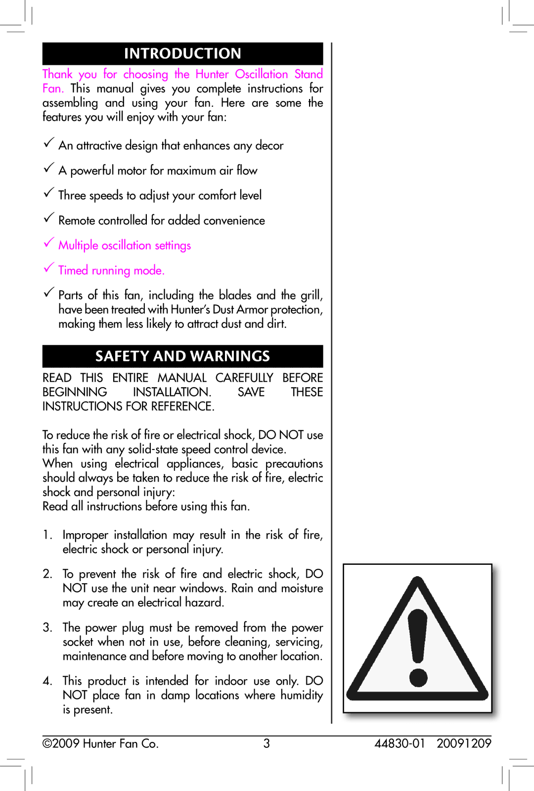 Hunter Fan 44830-01, 90391, 20091209 owner manual Introduction, Safety and Warnings 