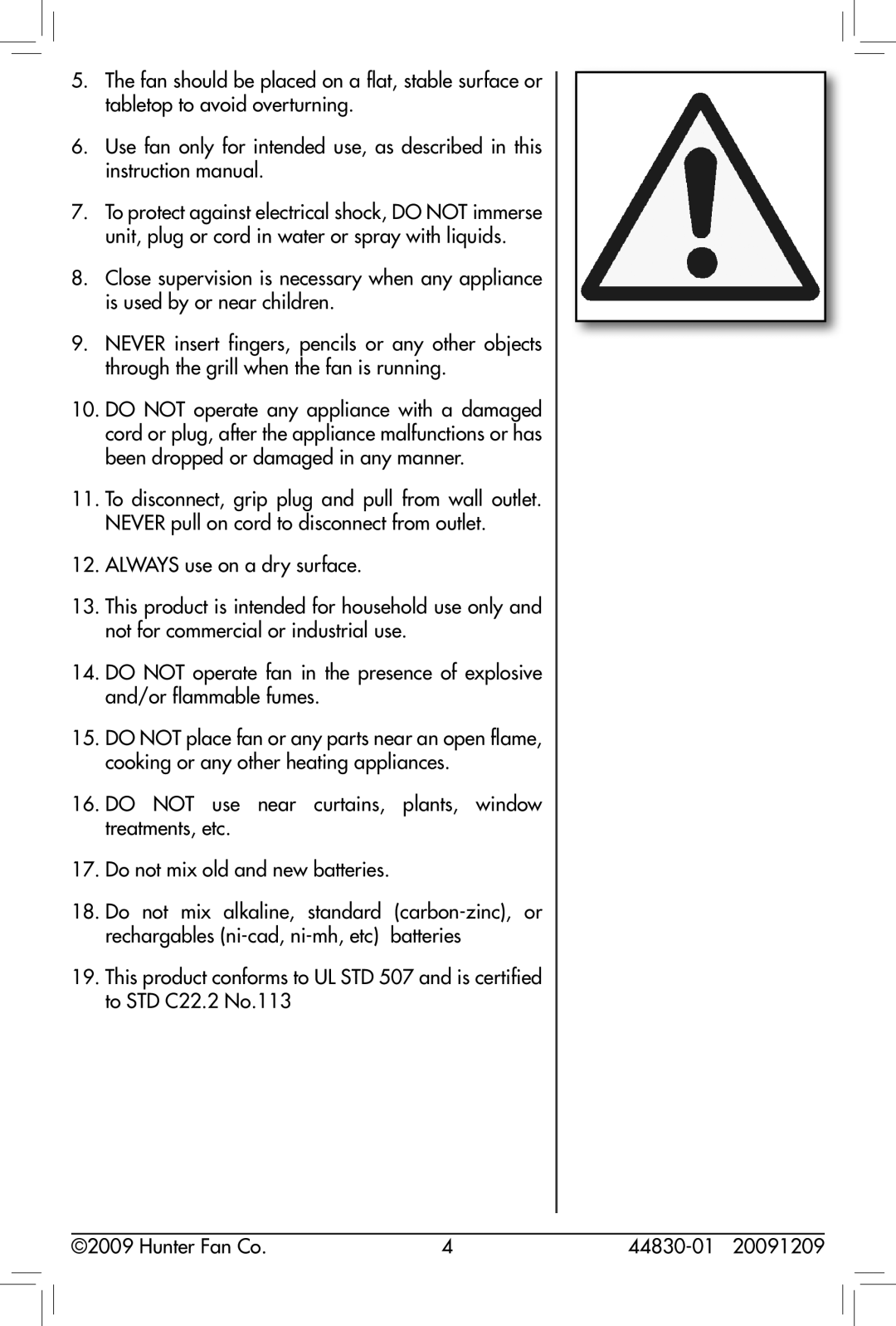 Hunter Fan 90391, 44830-01, 20091209 owner manual 