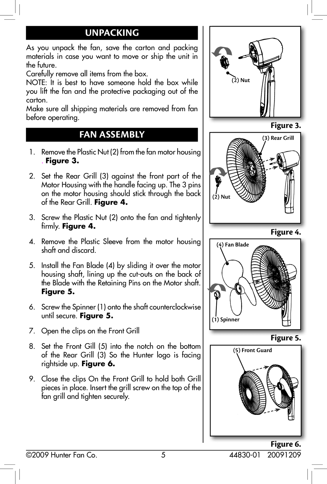 Hunter Fan 20091209, 44830-01, 90391 owner manual Unpacking, Fan Assembly 