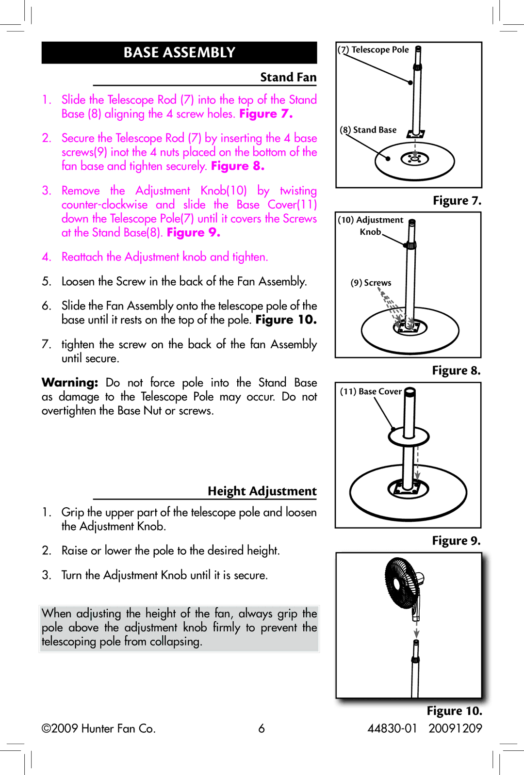 Hunter Fan 44830-01, 90391, 20091209 owner manual Base Assembly, Stand Fan 