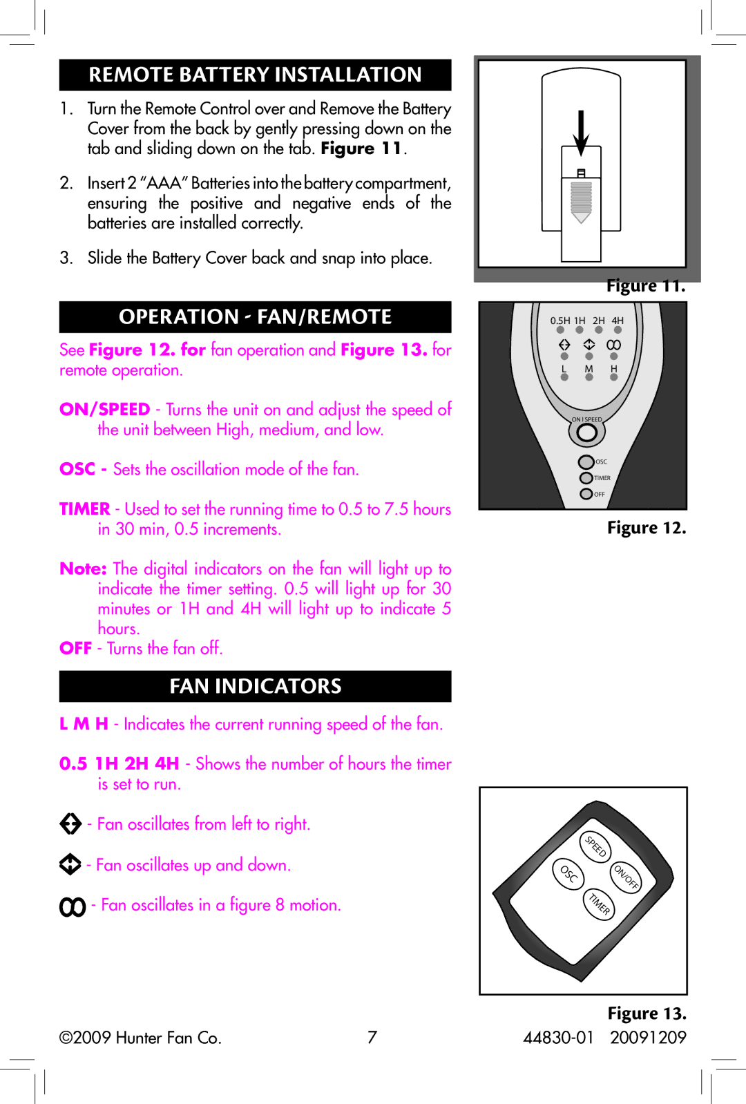 Hunter Fan 90391, 44830-01, 20091209 owner manual Remote Battery Installation, Operation Fan/remote, Fan Indicators 