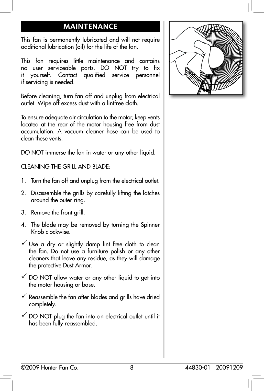 Hunter Fan 20091209, 44830-01, 90391 owner manual Maintenance, Cleaning the Grill and Blade 