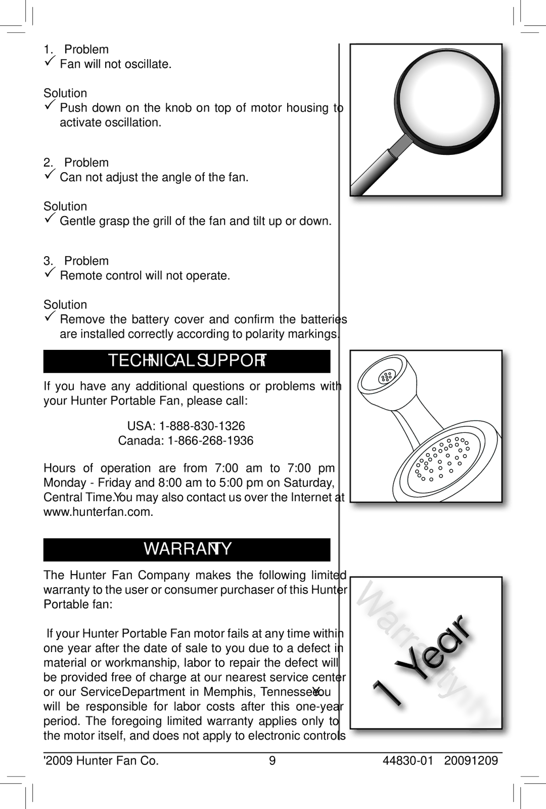 Hunter Fan 44830-01, 90391, 20091209 owner manual Technical Support, Warranty 