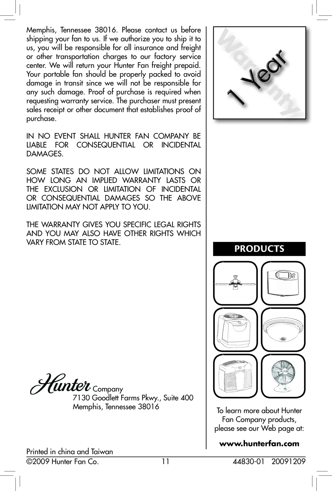 Hunter Fan 20091209, 44830-01, 90391 owner manual Products 