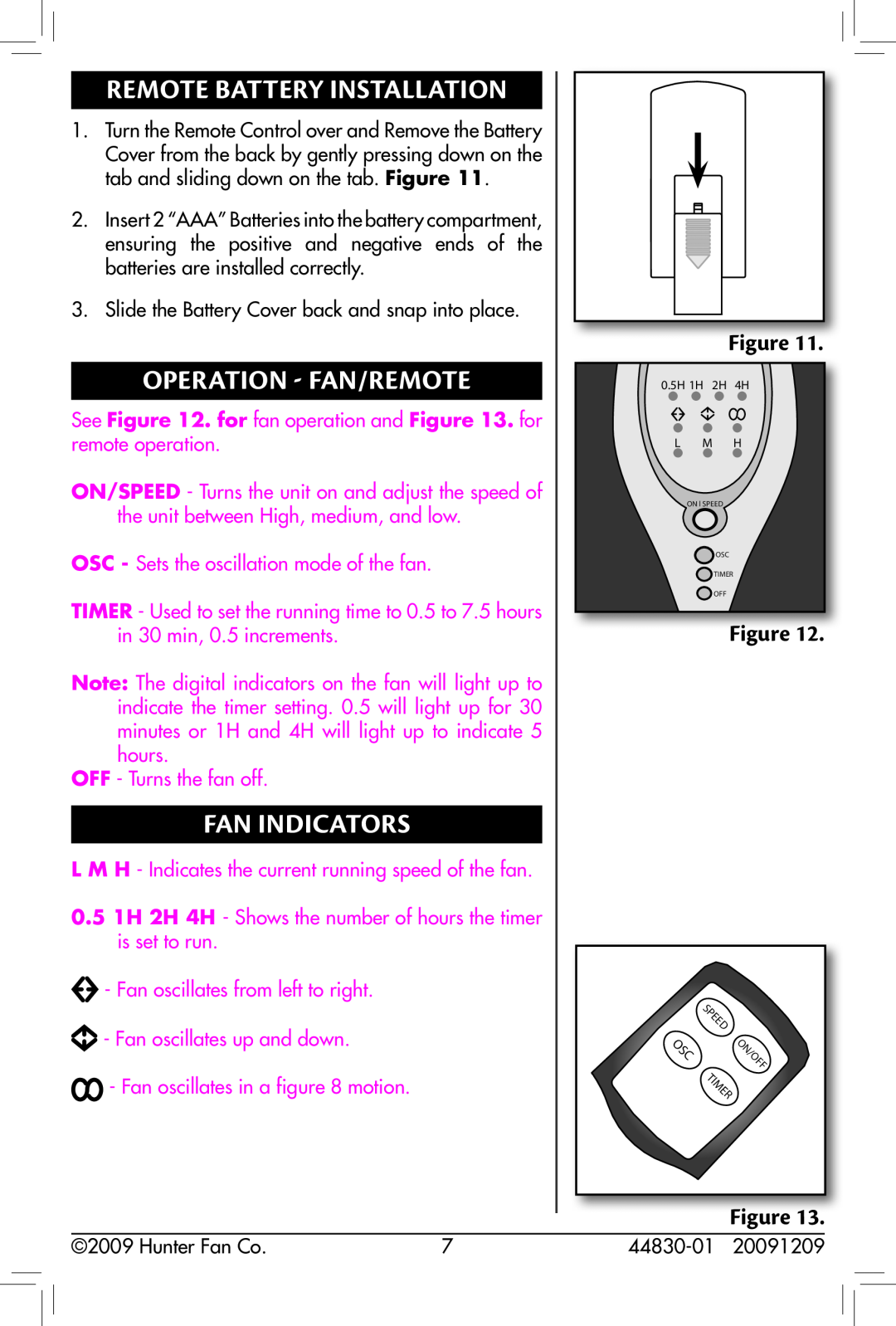 Hunter Fan 90391, 44830-01 Remote Battery Installation, Operation - Fan/remote, Fan Indicators, OFF - Turns the fan off 